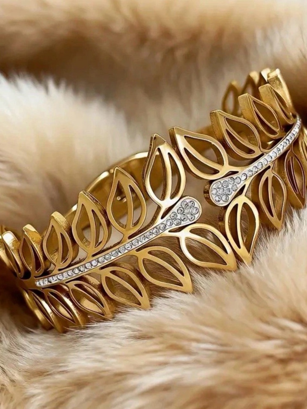 Gold Leaf Crystal Accent Bangle Bracelet - Women Jewelry